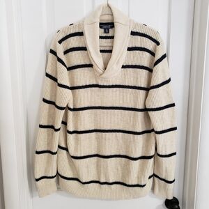 Lands End Mens Cotton/Linen Blend Sweater XL Shawl Collar Preppy Rugby Ivory Blu